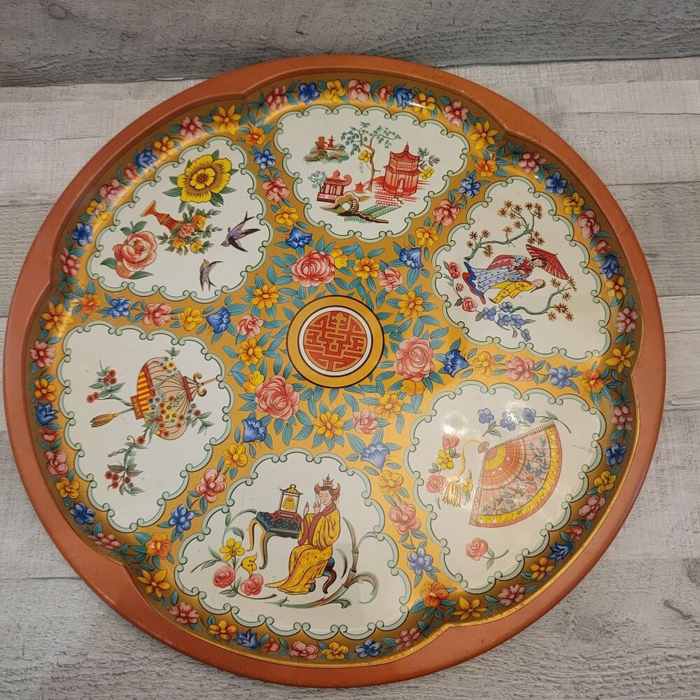 Vintage Daher Decorated Ware Metal Tray With Floral & Oriental Scenes